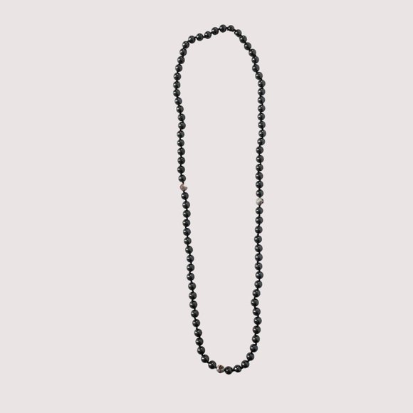 Hematite Set Beaded Necklace 30" Pierced Fishhook Earrings Black White Floral - Picture 3 of 12